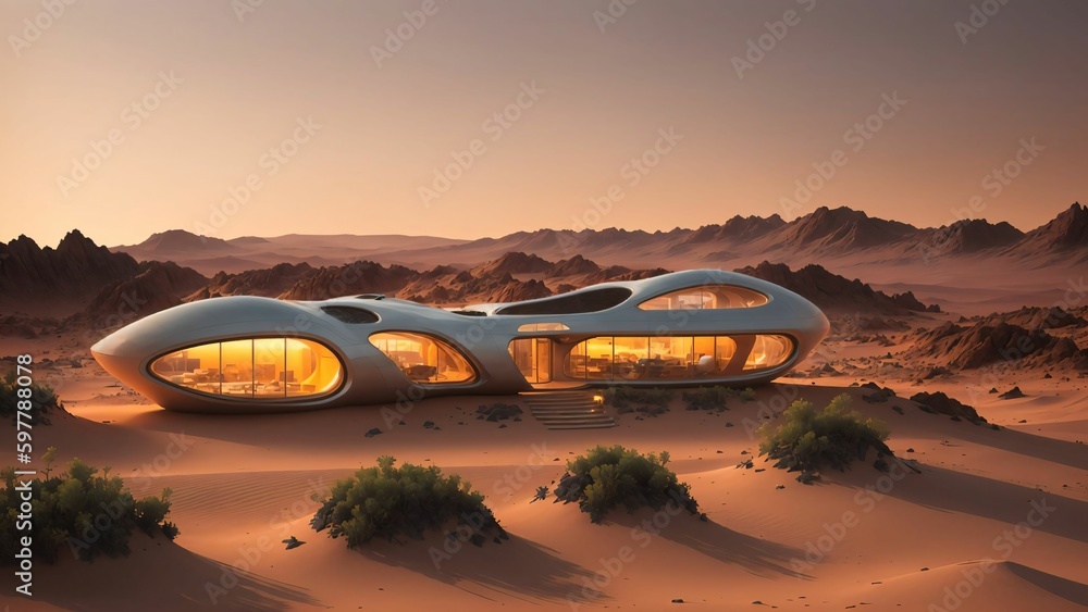 Landscape of a sci-fi futuristic cyberpunk house on the surface of planet Mars at dusk - Generative AI Illustration