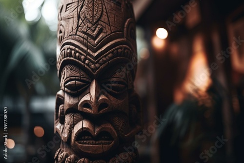 A wooden tiki mask from African culture, featuring multiple faces, on a blurred background. Generative AI © Riven