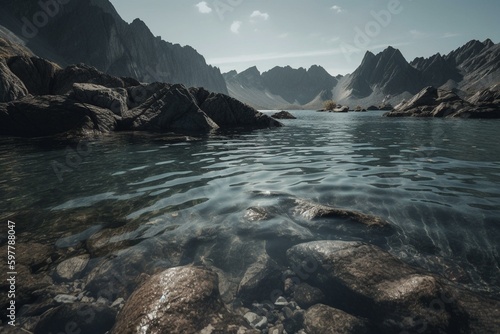 A vast lake surrounded by mountains and rocks in the sea. Generative AI