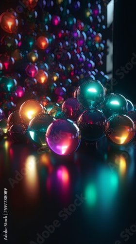 A variety of multicoloured circular glowing and translucent floating spheres . generative ai 