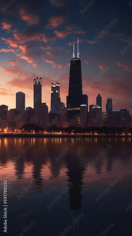 Cityscape of chicago at dusk with lights from the skyline. Generative AI