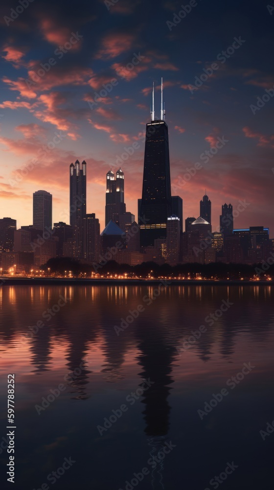 Obraz premium Cityscape of chicago at dusk with lights from the skyline. Generative AI