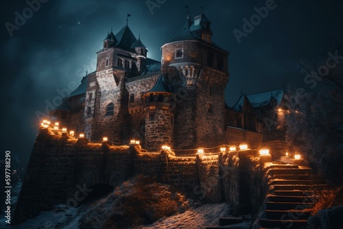 Beautiful fortress glows with magical lights. Generative AI