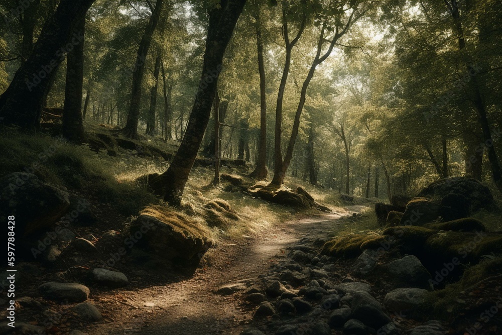 Enchanting woods in summertime. A touch of melancholy in the air. Generative AI