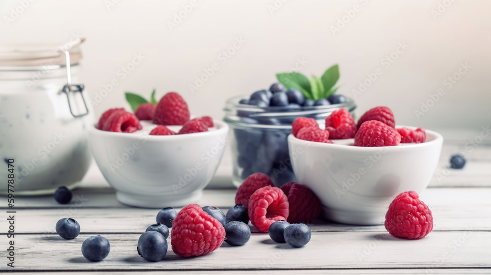 Healthy yogurt with fresh blueberries and raspberries. Banner with side border against a white wood background. Copy space, generative ai Healthy yogurt with fresh blueberries and raspberries. Banner with side border against a white wood background. Copy space, generative ai