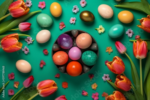 Vibrant Easter eggs and tulips on green background. Flat lay, springtime decor. Top view. Generative AI © Kael