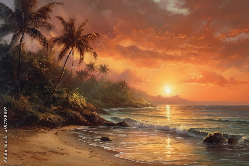 Oil Painting - A serene beach scene at sunset