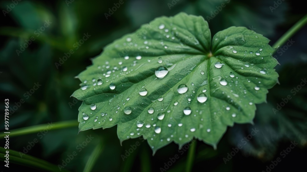Close up view of raindrops on green leaf. Generative AI Close up view of raindrops on green leaf. Generative AI