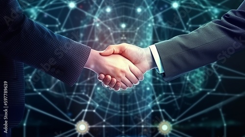 Business handshake and money technology asset background, Generative Ai