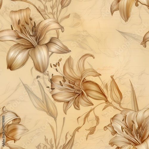 Seamless lily boho floral design, monochrome beige and orange colors, intricate lilies, field flowers, AI generative background