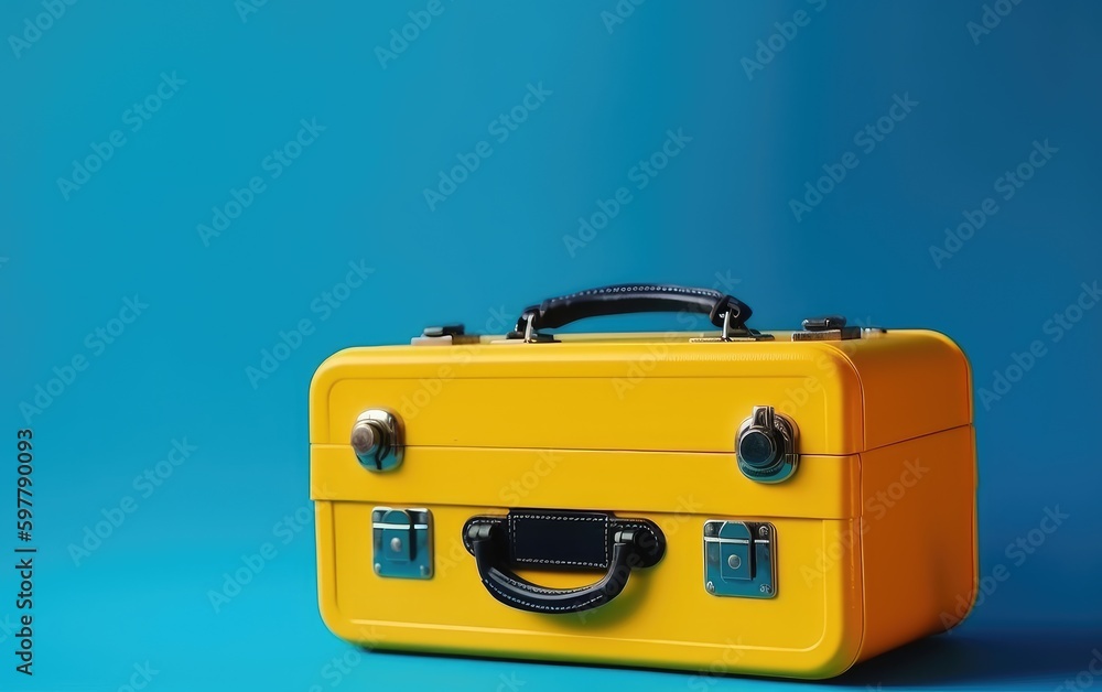 yellow travel suitcase on blue background, photo, ai yellow travel suitcase on blue background, photo, ai