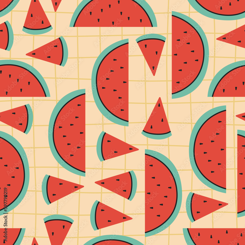 Seamless pattern watermelon tropical fruits wallpaper background backdrop vector texture illustration