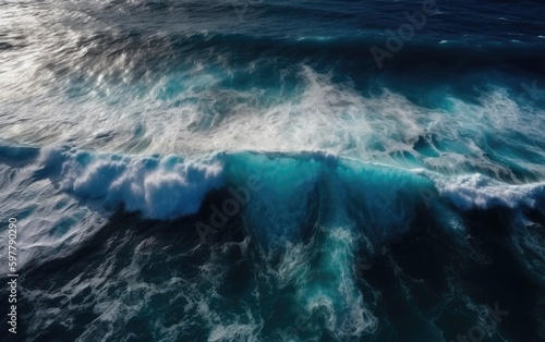 Waves in the ocean, view from above, water splashes, wallpaper, photo, AI
