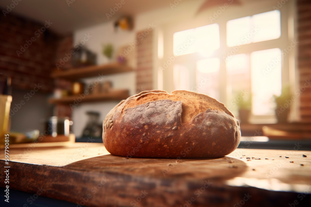 Homemade organic and healthy wholemeal multi grain bread on a wooden table. AI generated Homemade organic and healthy wholemeal multi grain bread on a wooden table. AI generated