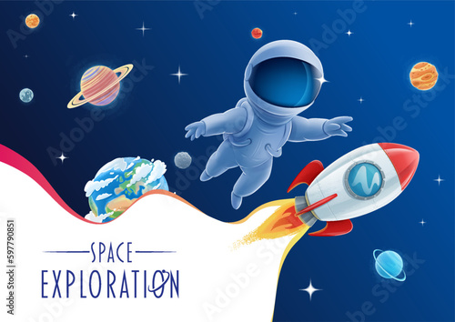 graphic illustration astronaut in space with planets and rocket