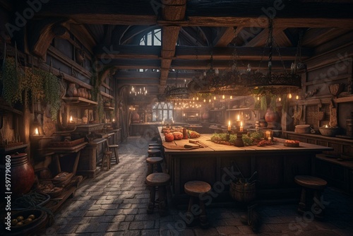 Illustration of a large medieval tavern with food  drinks  and fireplace. Generative AI