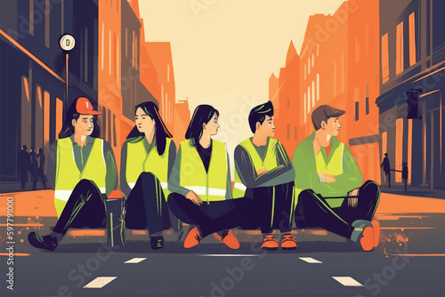 Four young people of the "Last Generation" or Extinction Rebellion are sitting on a busy street. Vector graphic.