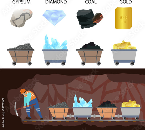 mining industry workers, Mine cart wagon vector illustration set and collection, diamond stone, gold nuggets cart, coal stone for electric power energy, gypsum stone for building