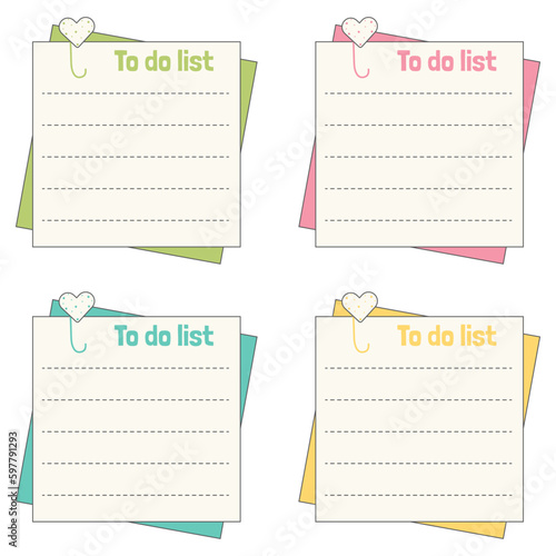 Cute blank paper notes. Stationery organizer set. Scrapbook notes and memo schedule.Printable planner stickers. To Do List sticky note pad. Digital planning element. Vector illustration.