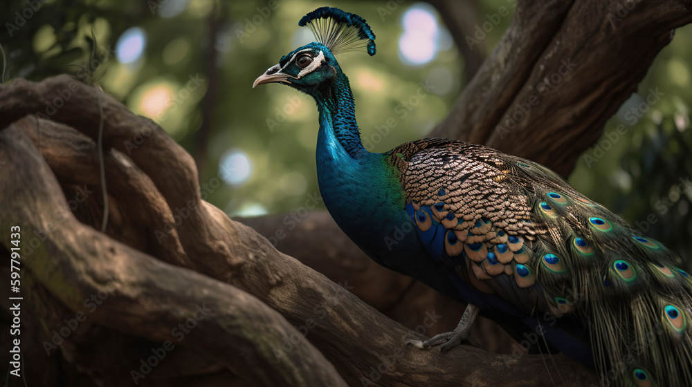 The elegant peacock with its colors sitting on a tree with an open feathers, generative ai The elegant peacock with its colors sitting on a tree with an open feathers, generative ai