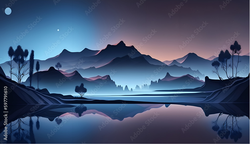 The mountains in the wallpaper are decorated with clouds and Moonlight - Abstract