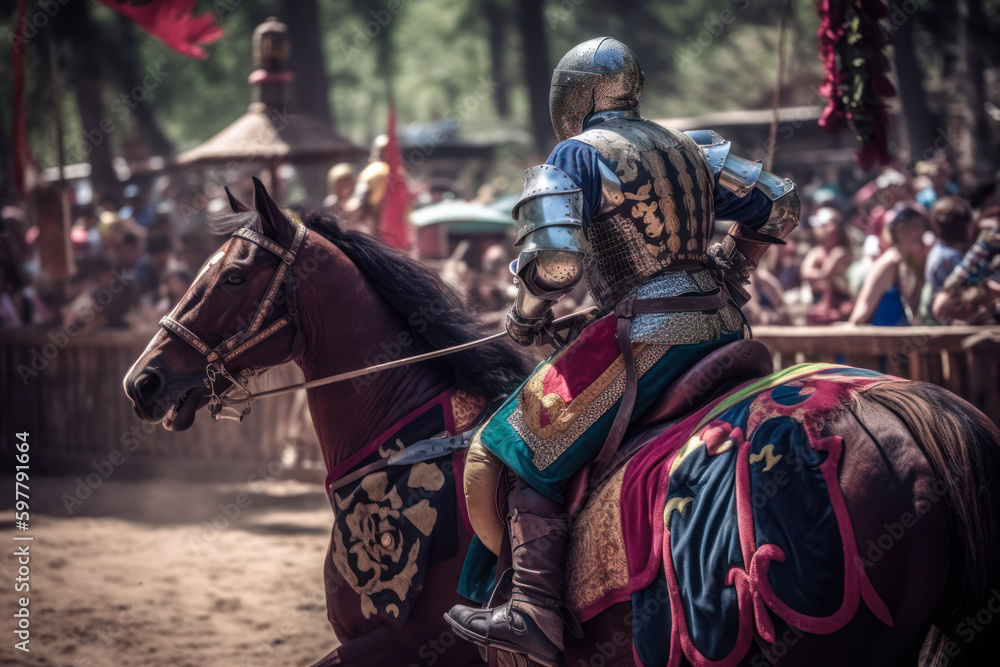 Jousting knight on horseback, renaissance fair. Generative AI - obrazy, fototapety, plakaty 