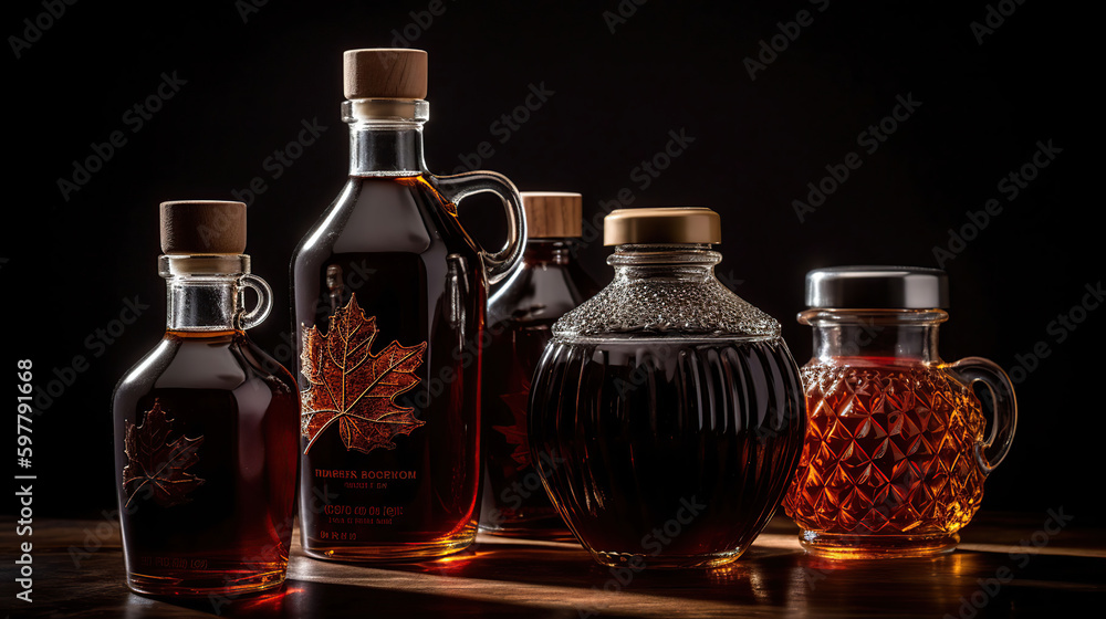 Bottle and jars of tasty maple syrup on dark background, generative ai Bottle and jars of tasty maple syrup on dark background, generative ai