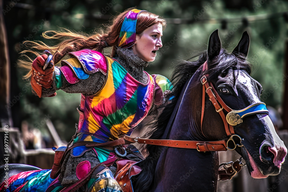 Woman on horseback, renaissance fair. Generative AI