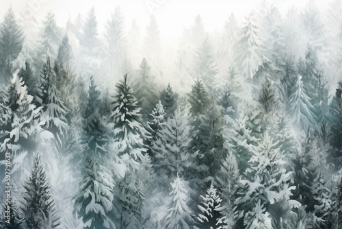 Watercolor winter spruce forest pattern on white background. Generative AI