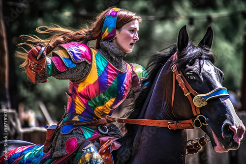 Woman on horseback  renaissance fair. Generative AI