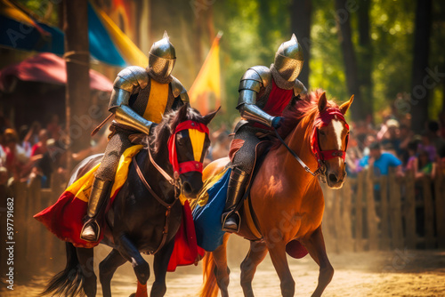 Two knights on horseback, renaissance fair. Generative AI © Sunshower Shots