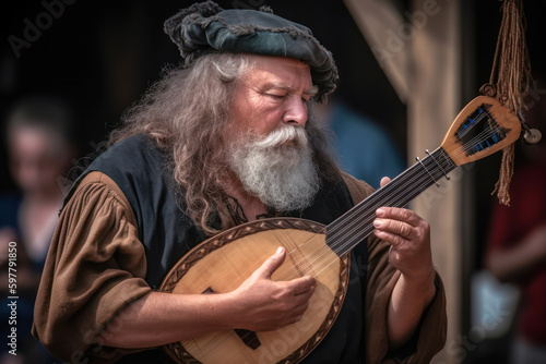 Musician playing lute at a renaissance fair. Generative AI photo