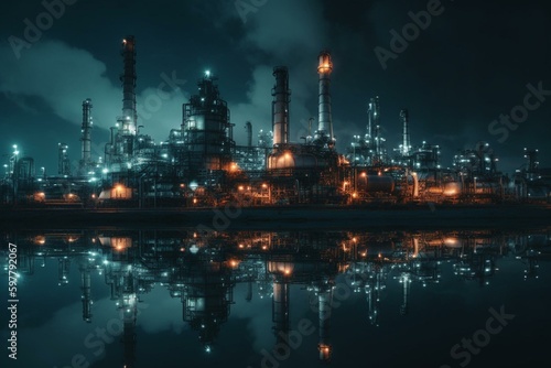 Oil refinery with neon lights at night. Generative AI