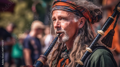 Musician playing bagpipes at a renaissance fair. Generative AI