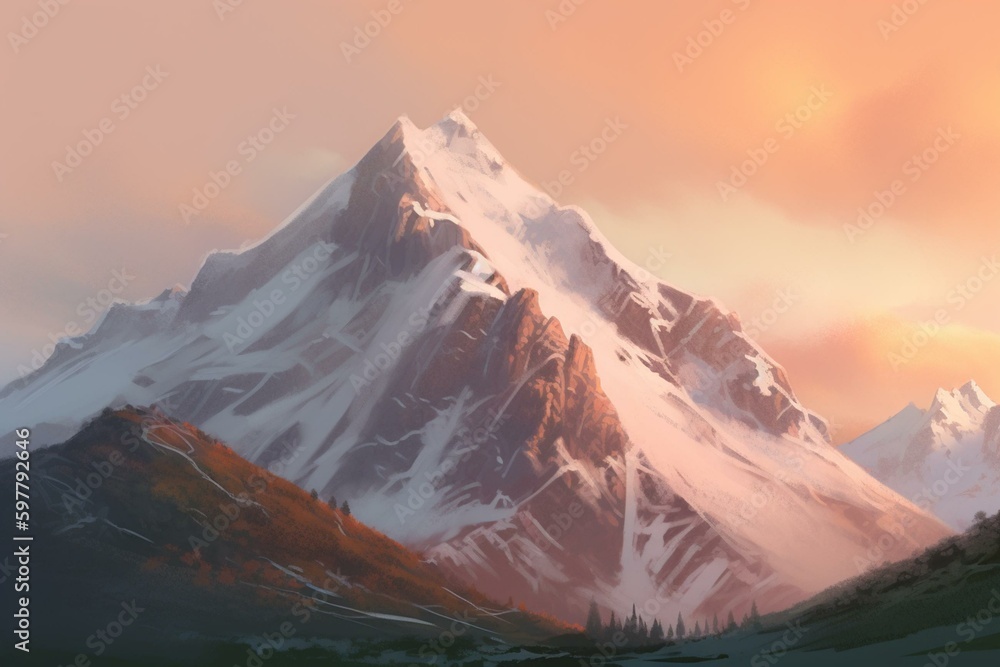 A simple digital painting of a mountain landscape with subtle pastel tones. Generative AI