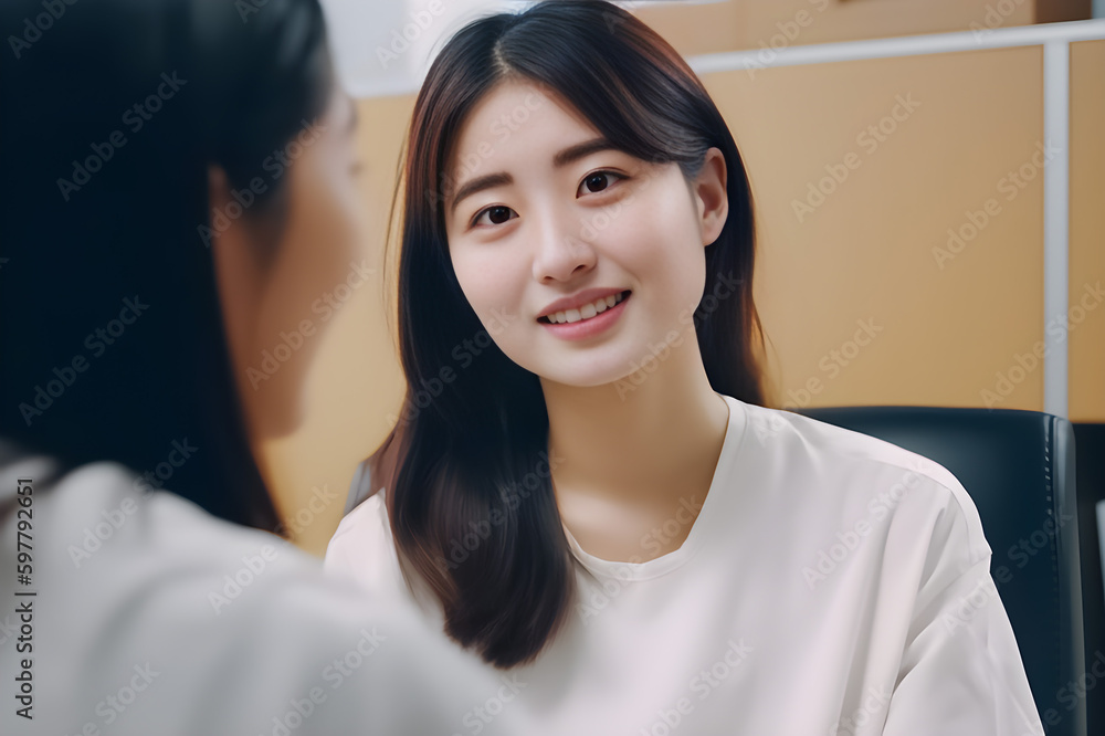 A clinical photo of a young Asian woman engaging in a conversation with a female doctor about her health. generative AI.