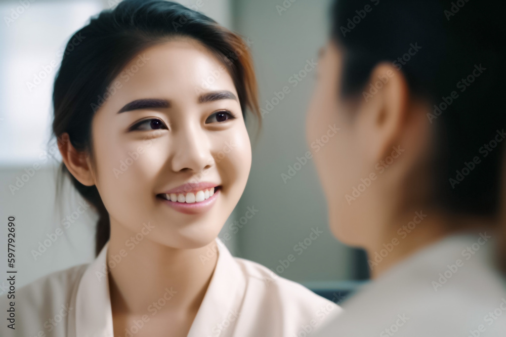 A clinical photo of a young Asian woman engaging in a conversation with a female doctor about her health. generative AI. A clinical photo of a young Asian woman engaging in a conversation with a female doctor about her health. generative AI.
