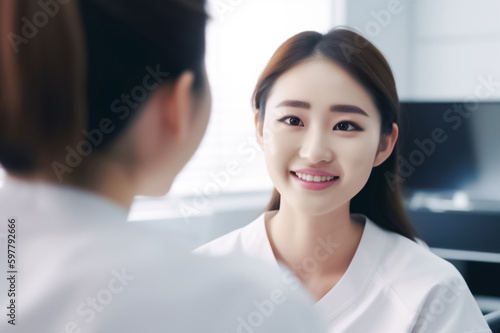 A clinical photo of a young Asian woman engaging in a conversation with a female doctor about her health. generative AI.