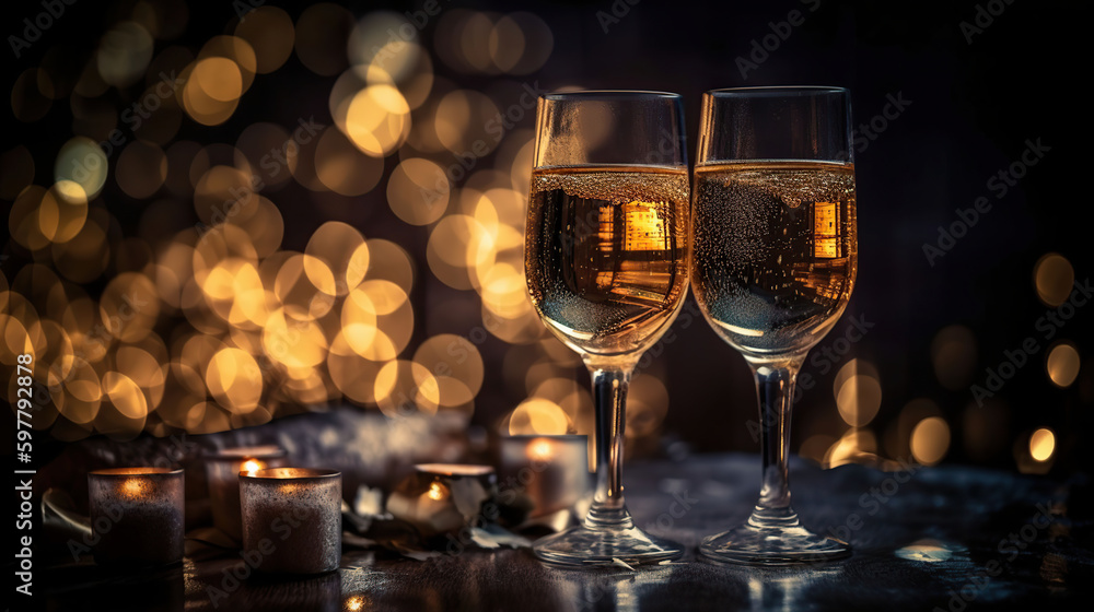 New Year Celebration - Toast With Champagne And Fireworks - Defocused Bokeh Lights Background, generative ai New Year Celebration - Toast With Champagne And Fireworks - Defocused Bokeh Lights Background, generative ai
