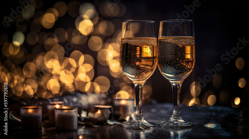 New Year Celebration - Toast With Champagne And Fireworks - Defocused Bokeh Lights Background, generative ai