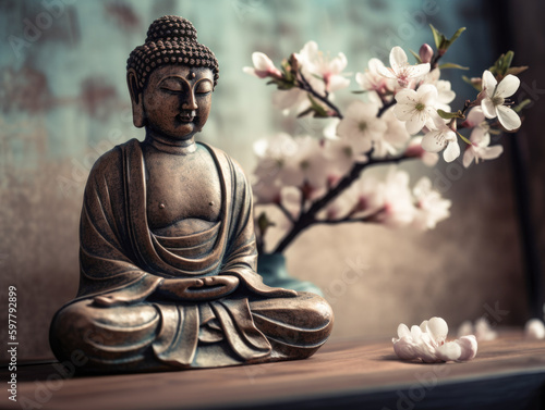 The Great Buddha and flowers of sakura, Kotoku-in temple, Japan, Asia. Cherry blossoming season in Japan Generative AI photo