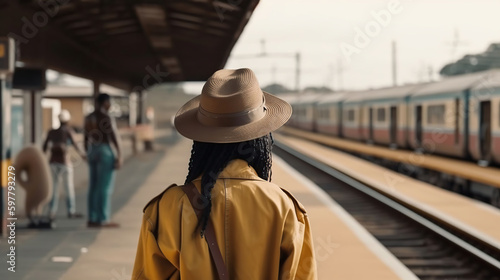 Rear view of a walking African woman on the railway station before her trip between two highway trains waiting for departure on the platform indoors of a railroad depot, generative ai