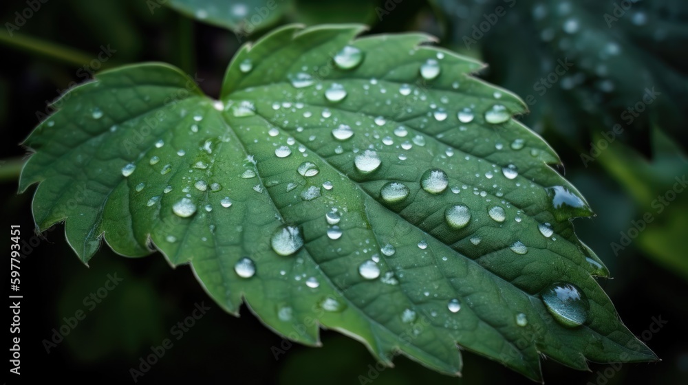 Close up view of raindrops on green leaf. Generative AI Close up view of raindrops on green leaf. Generative AI