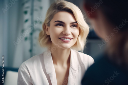 A clinical photo of a young blond woman engaging in a conversation with a doctor about her health. generative AI.