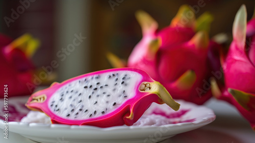 Dragon fruit slice on white plate with blur background  fresh white and pink red purple dragon fruit tropical  healthy fruit concept  generative ai