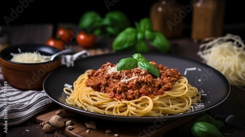 Spaghetti bolognese with basil on top and cheese and water on the side sitting on a red napkin and white wooden surface, generative ai