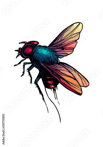 Colored vector inked style house fly wall art