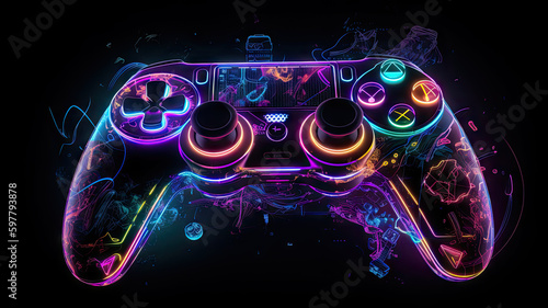 Glowing neon light gamepad - generative AI, AI generated