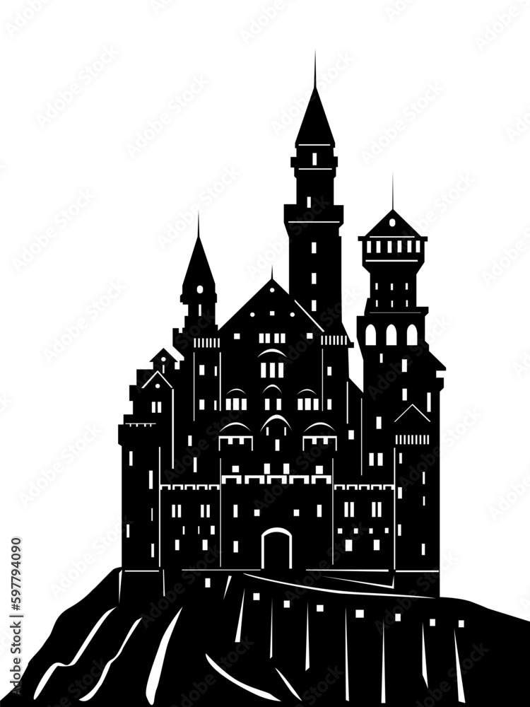 black and white vector illustration depicting an ancient royal castle for prints on postcards, banners, flyers and for decoration in a fairy tale style