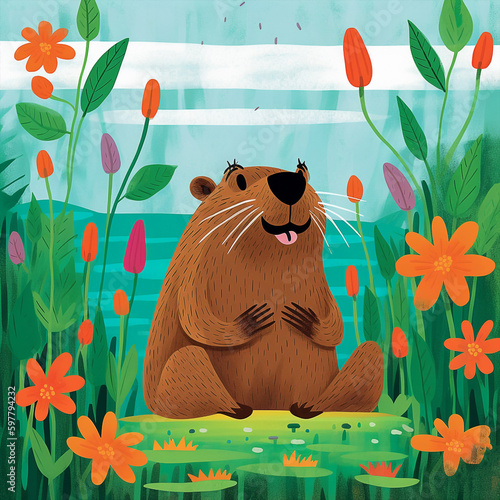 A Happy Beaver Vector Style Illustration Colorful Floral Background Generative Ai Digital Illustration Part#290423